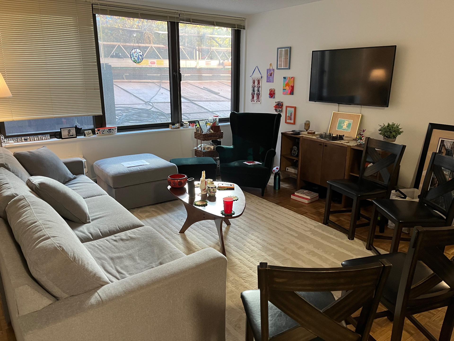 A warm living-room space set up for a Hearth gathering.